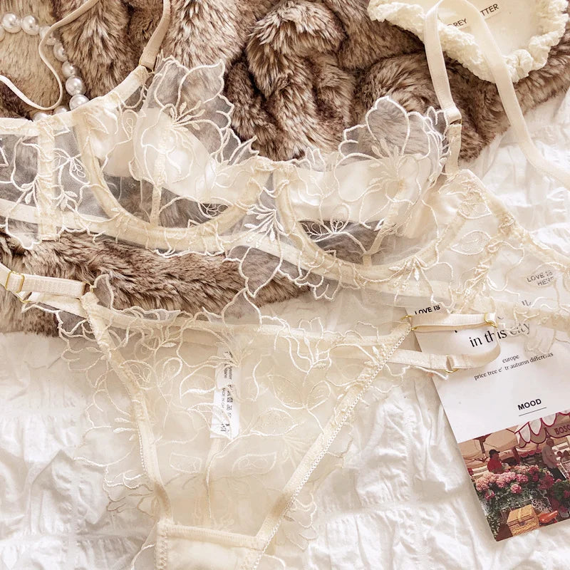 French Underwear Set Sexy Lace Flowers Embroidery Bra Set Women Intimates Summer Ultra Thin Breathable Bralette Lingerie Panties - Matrix-studios.com