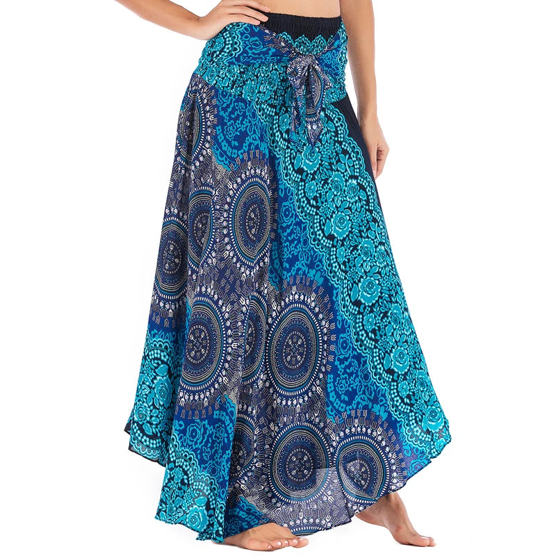 Boho Skirts Women Rayon Beach Long Dress Summer Bohemian Jupe Longue Femme Elastic Waist Print Floral Bandage Halter Hippie - Matrix Studios