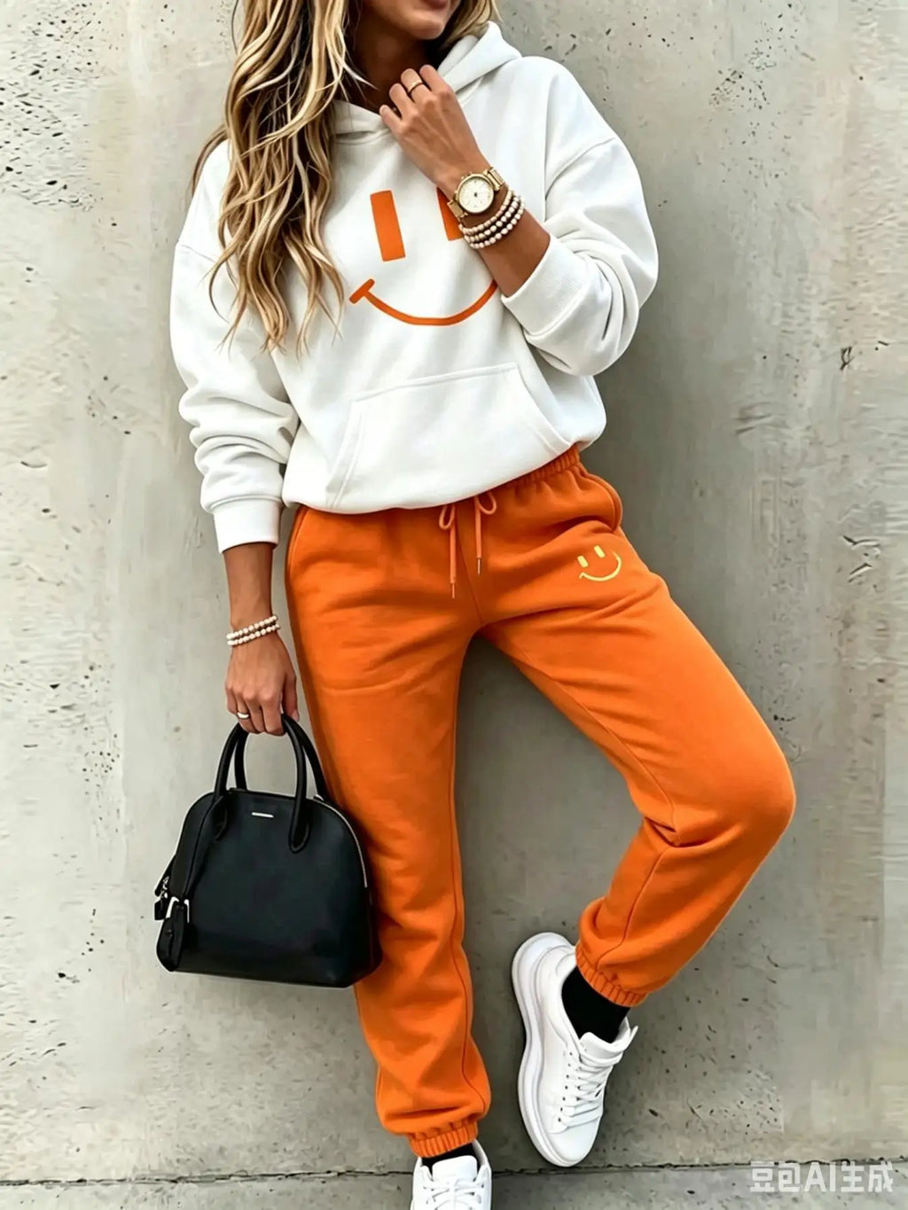 Women Smile Face Print 2 Piece Tracksuit Set, Long Sleeve Hoodie Pullover Top & Drawstring Jogger Pants, Casual Loose Matching Loungewear Street Outfit