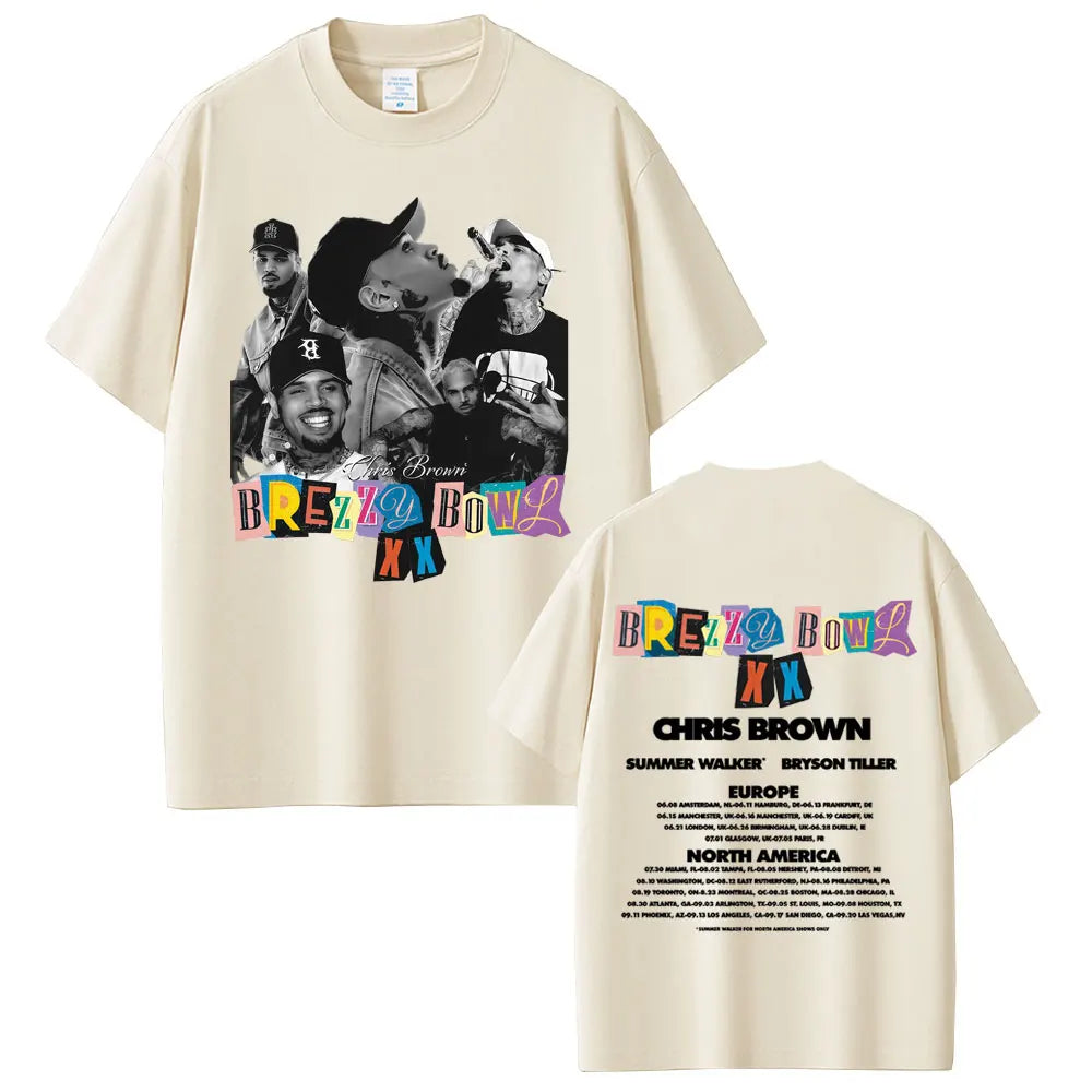 Rapper Chris Brown Breezy Bowl XX Tour 2025 T-shirt Men Women Hip Hop Fashion Pop Music  T Shirts Casual Cotton Vintage T-shirts