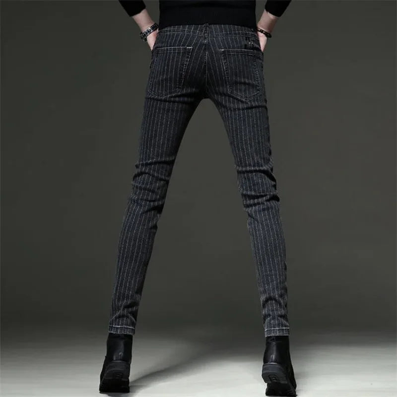 Men's Striped Slim Stylish Casual Pencil Pants Jeans Spring Autumn Korean Trendy Fashion Brand New Elastic Striped Long Trousers - Matrix Studios
