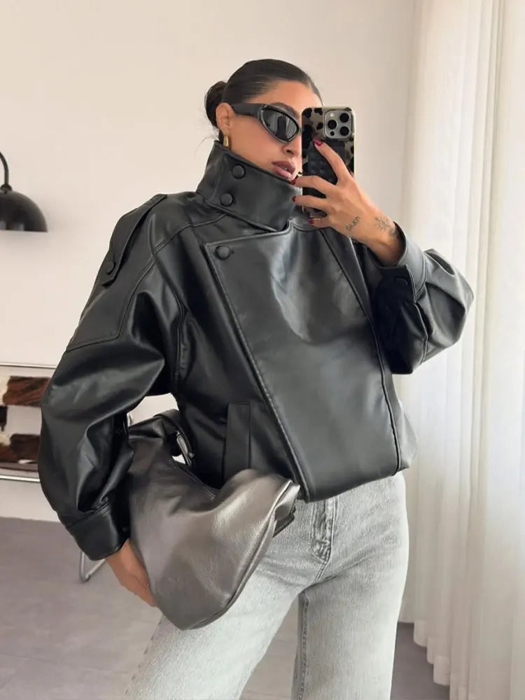 HH 2026 Women Trend Pu Leather Black Coats Stand Collar Long Sleeve Zipper Jacket Woman Fashion Vintage High Street Pu Jackets - Matrix Studios