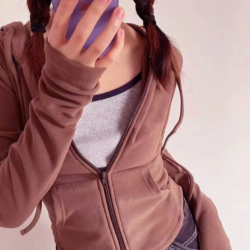 Lucyever Cropped Hooded Zip-Up Jacket Women Autumn New Slim Long Sleeve Y2K Sweatshirts Female Solid Streetwear Sports Hoodies - Matrix Studios