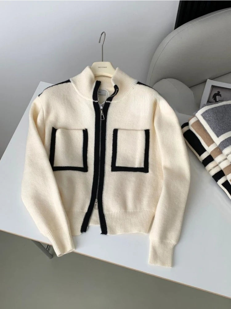 Y2k Elegant Casual Knitted Chic Jumpers Double Zipper Pockets Tender Cardigans Women Sweet Loose Stand Neck Sweaters Japanese - Matrix Studios