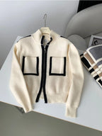 Y2k Elegant Casual Knitted Chic Jumpers Double Zipper Pockets Tender Cardigans Women Sweet Loose Stand Neck Sweaters Japanese - Matrix Studios