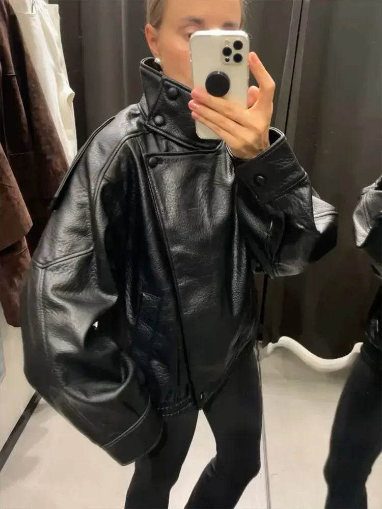 HH Autumn Faux Leather Jacket For Women Casual Solid Long Sleeve Zipper Pu Leather Coats New Fashion Female Streetwear - Matrix Studios