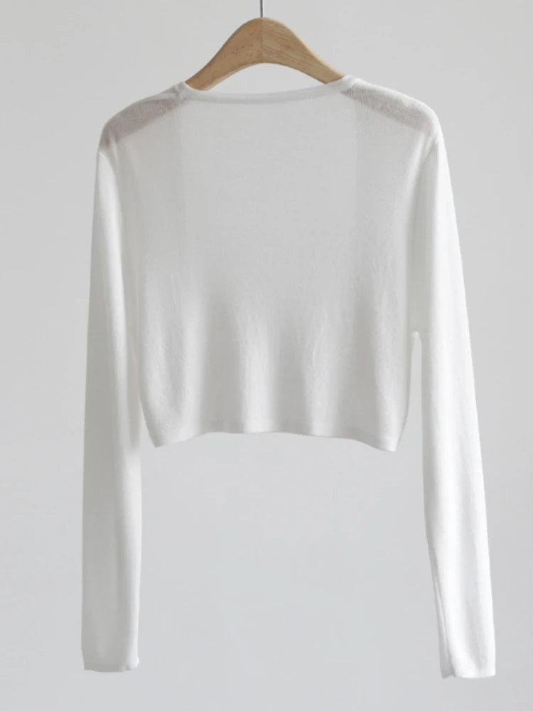 AOSSVIAO 2026 Women Elegant Solid Cardigan Coat Jackets Short Sleeve Korean Thin Knitted Shirt Female Y2K Cropped Top Outwea - Matrix Studios