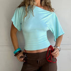 Talenza Summer One Shoulder Tops Fashion Slim Shrink Short Sleeve T-Shirts Sexy Party Y2k Streetwear Solid Pullover Tops Women - Matrix-studios.com