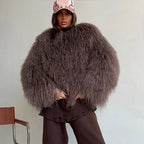 Solid Fluffy Woolen Faux Fur Jacket Women Fashion Turn Down Collar Long Sleeve Loose Coats Lady Winter Daily Street Outwears - Matrix Studios