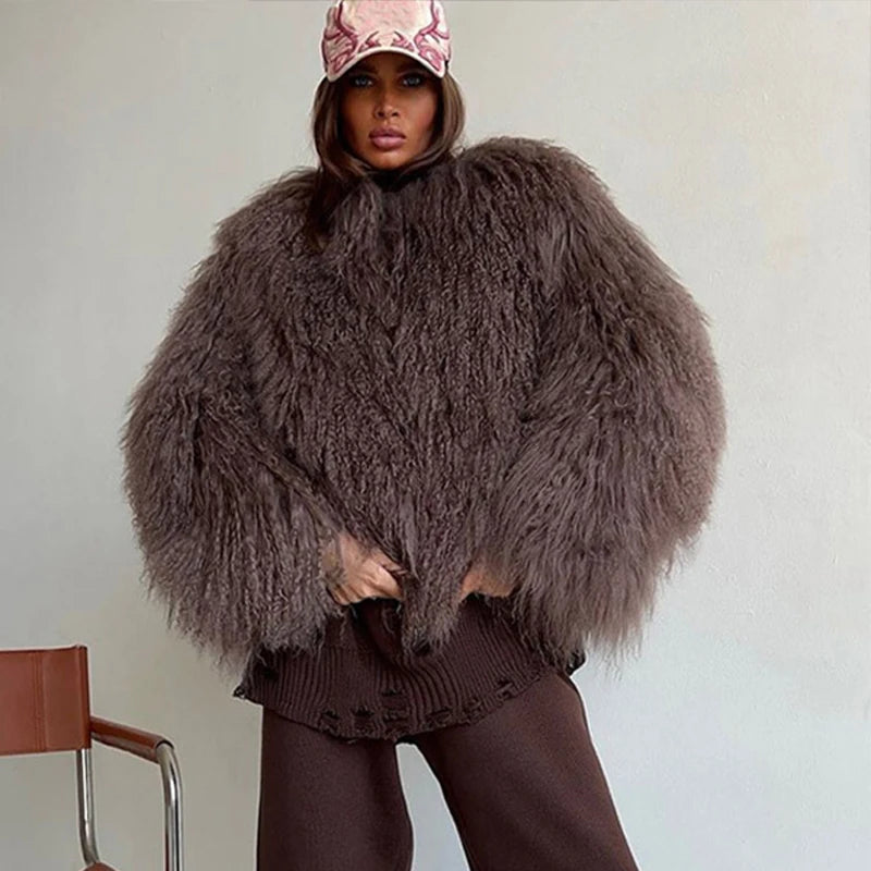 Solid Fluffy Woolen Faux Fur Jacket Women Fashion Turn Down Collar Long Sleeve Loose Coats Lady Winter Daily Street Outwears - Matrix Studios