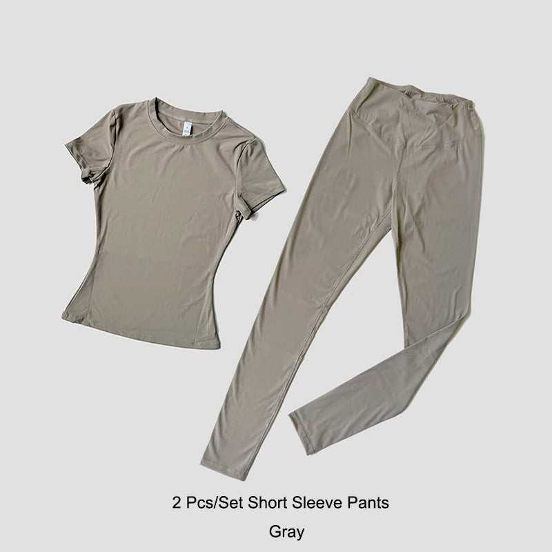 Quick-Drying Gym Leggings Set Sport Suit Short Sleeve Breathable Stretchy Slim Fitness Active Top Tight Gym Set - Matrix-studios.com
