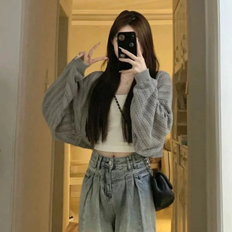 Autumn New Y2K Shrug Long Sleeve Cardigan for Women Korean Fashion Hollow Out Knitted Coat Harajuku Loose Lightweight Shawl Tops - Matrix Studios