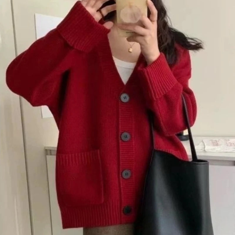 OCEANLOVE Cardigans Autumn Winter Solid Preppy Style Women Sweaters Korean Fashion V Neck Loose Warm Sweet Sueteres Mujer - Matrix Studios