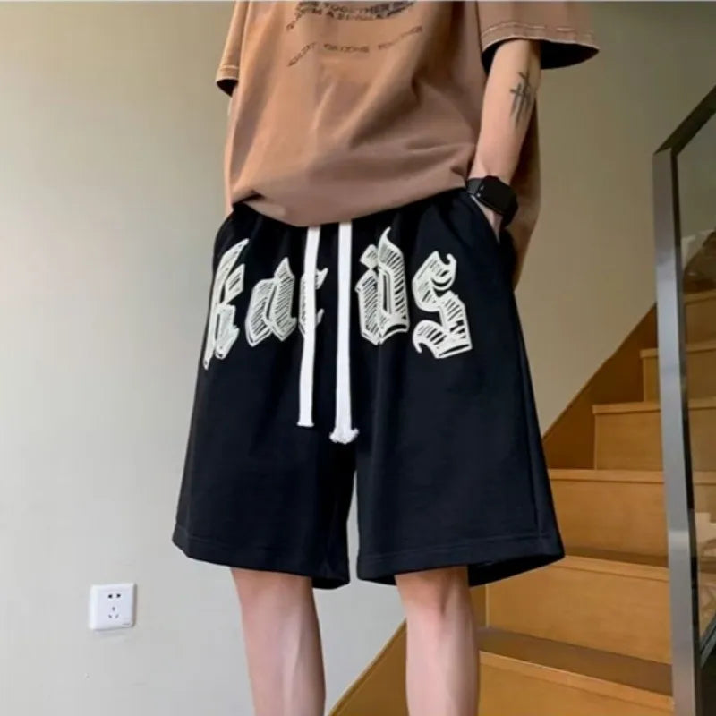 Oversized Shorts Men American Vintage Deformed Letter Print Shorts Fashion Brand High Street Loose Couple Basketball Short Pants