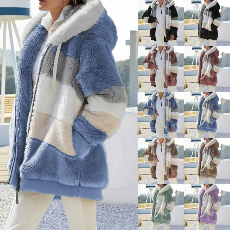 Oversized Jacket for Women 2023 New Autumn Winter Warm Plush Pocket Hooded Streetwear Loose Lady Outerwear Coat Roupas Feminina - Matrix-studios.com