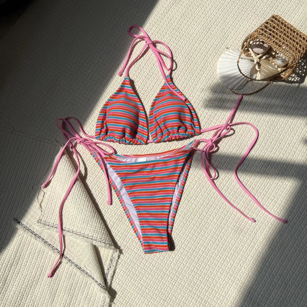 sexy terry cloth striped bikinis sets two pieces halter tie swimsuits Swimwear Biquini conjunto de bikini tankini trikini - Matrix-studios.com
