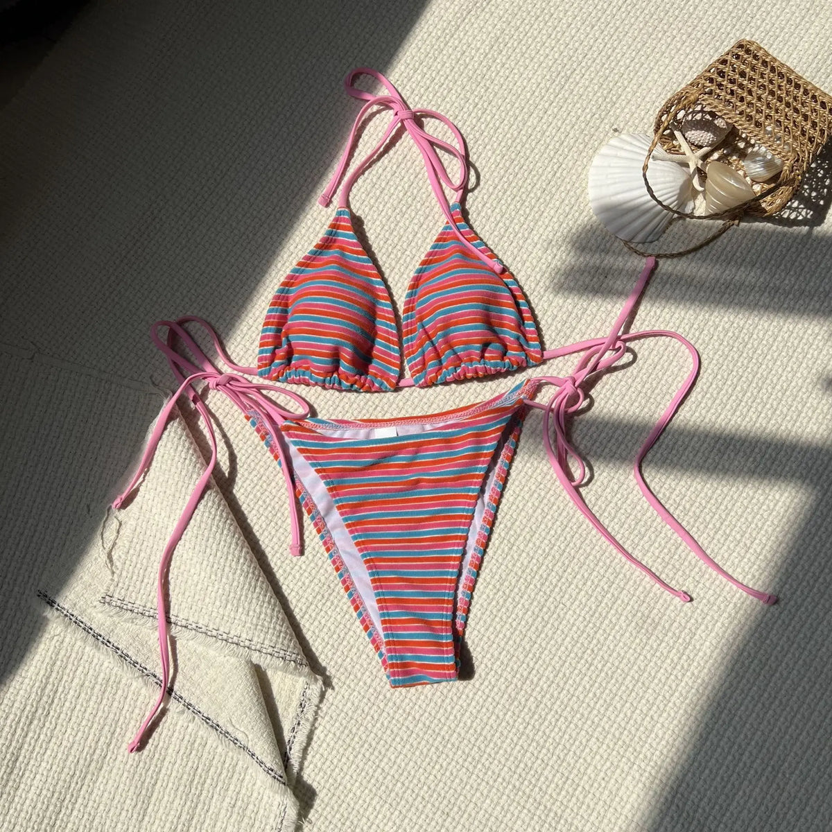 sexy terry cloth striped bikinis sets two pieces halter tie swimsuits Swimwear Biquini conjunto de bikini tankini trikini - Matrix-studios.com