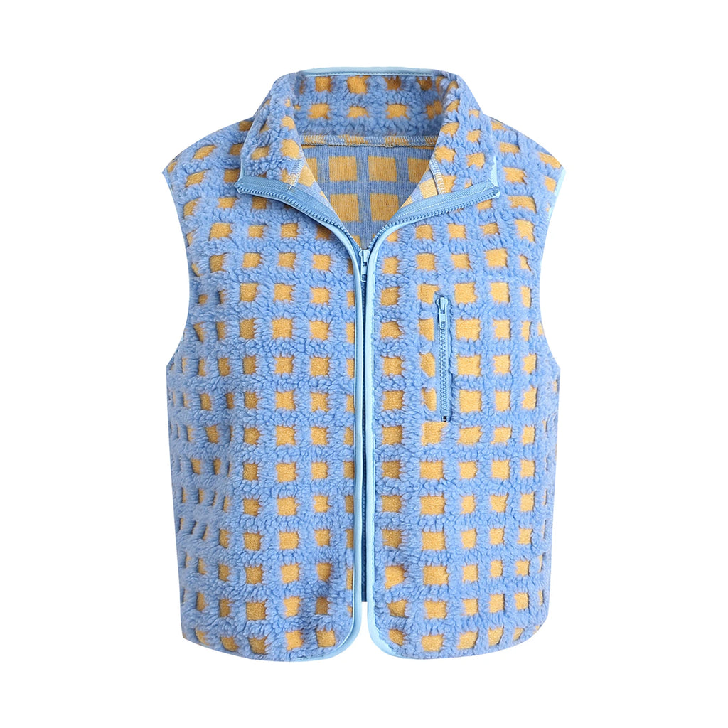 Women’s Fuzzy Checkered Vest Sleeveless Stand Collar Zip Up Vest Jacket Loose Spring Fall Warm Outwear - Matrix Studios