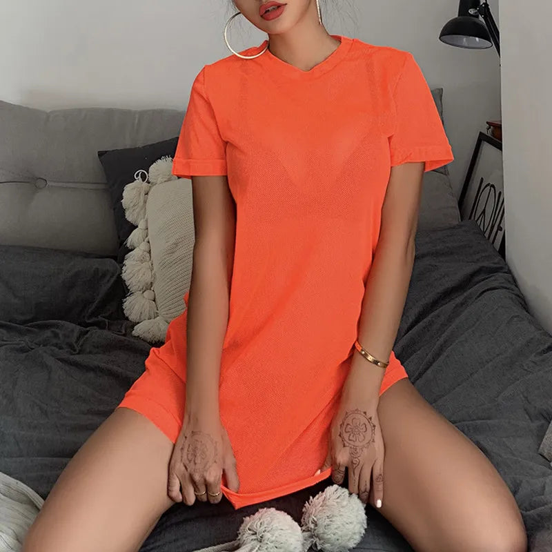Mesh Bikini Cover Up  For Women Fishnet Summer Fluorescent Green Orange Mini Beach Dress Swimwear Beach Cover Ups - Matrix Studios