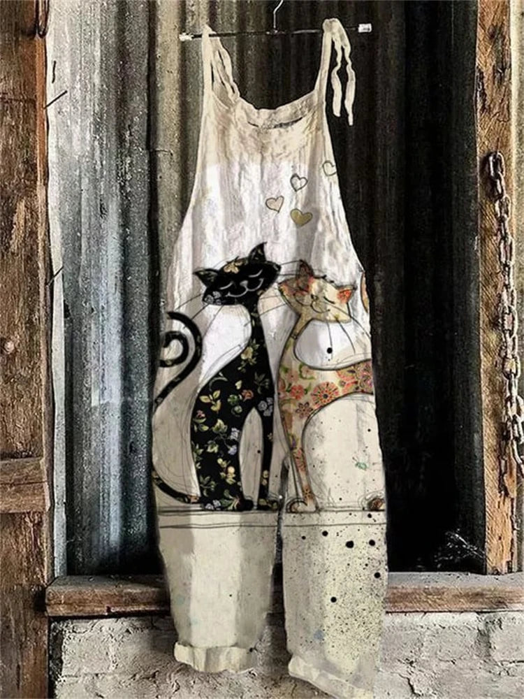 New Women Fun Cat Print Adjustable Strap Romper Autumn Wide Leg Romper Loose Casual Bib Overalls With Overalls Romper With Strap - Matrix Studios