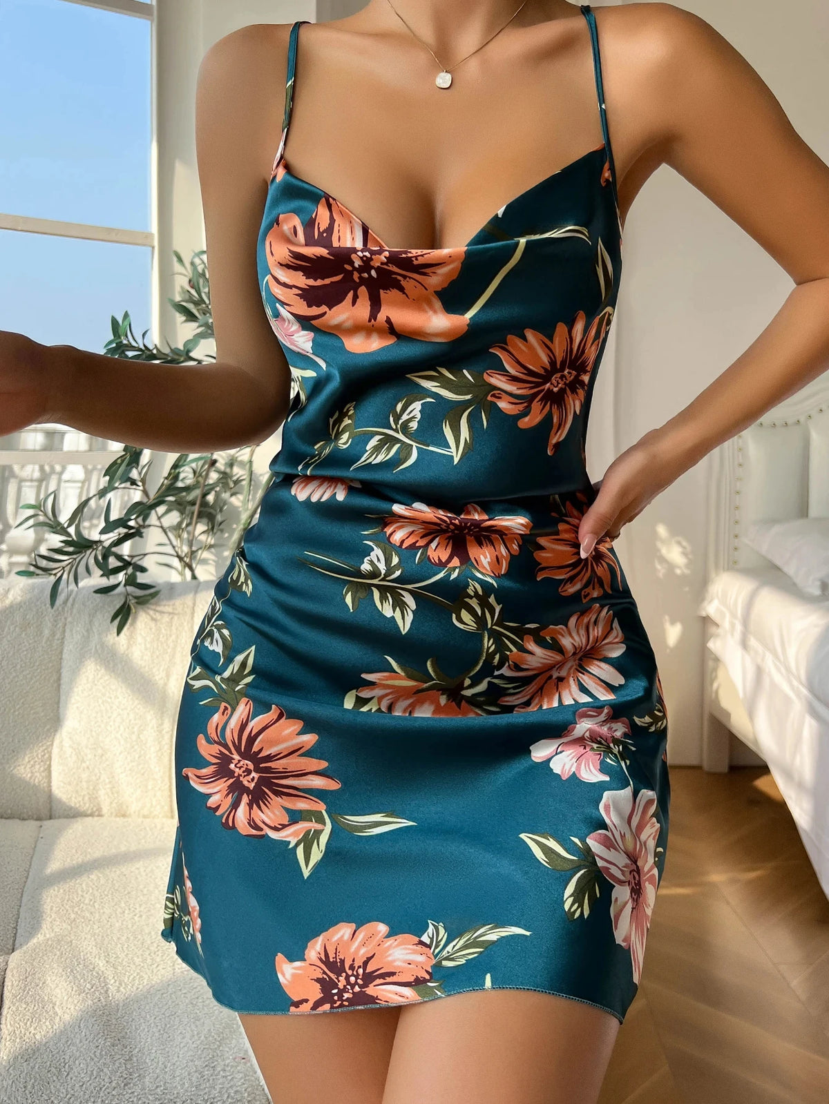 Summer Thin Breathable Women's Dress Ice Silk Slip Dress Sexy Floral Print Pajamas Open Back Split Nightdress Silk Pajamas - Matrix-studios.com