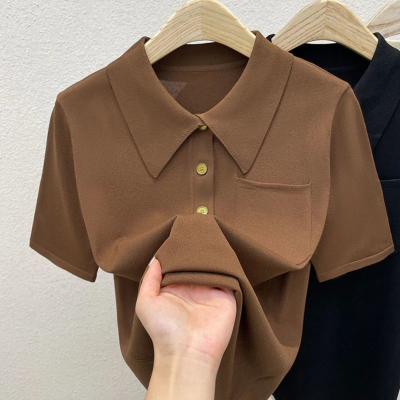 Elegant POLO Short Sleeve T Shirt Loose Pockets Design Thin Summer Blouses For Women Aesthetic Clothing - Matrix-studios.com