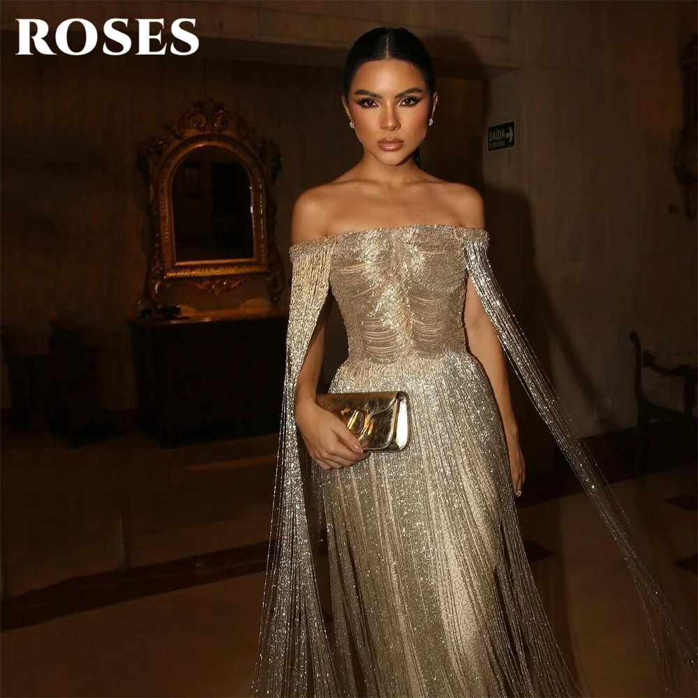 ROSES Gold Luxury Evening Dress Off Shoulder Tassel Party Dresses Cape Sleeve Prom Gown Shiny Mermaid robes du soir Customized - Matrix-studios.com