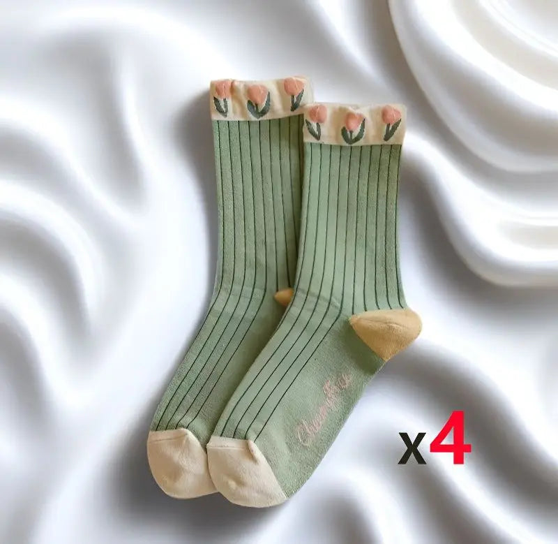 4Pairs Floral Socks Set Women Cute Flower Geometric 3D Textured Ankle Cottagecore Lucky Socks Fashionable Casual Mid Cub Socks - Matrix Studios