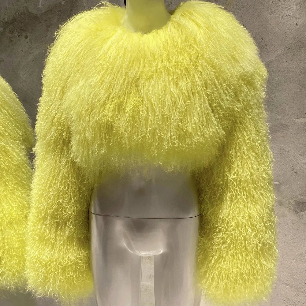 Short Genuine Fur Coat Mongolia Sheep Fur Long Sleeves Women's Warm Jacket - Matrix Studios