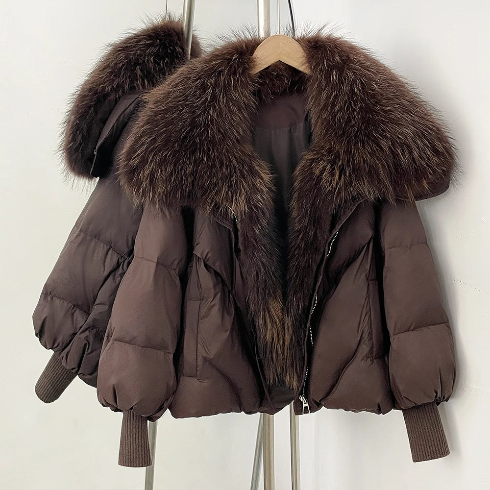 OFTBUY New Winter Large Real Fox Raccoon Fur Puffer Coat Women Oversized Feather Down Parka Knit Sleeve Duck Down Jacket Female - Matrix Studios