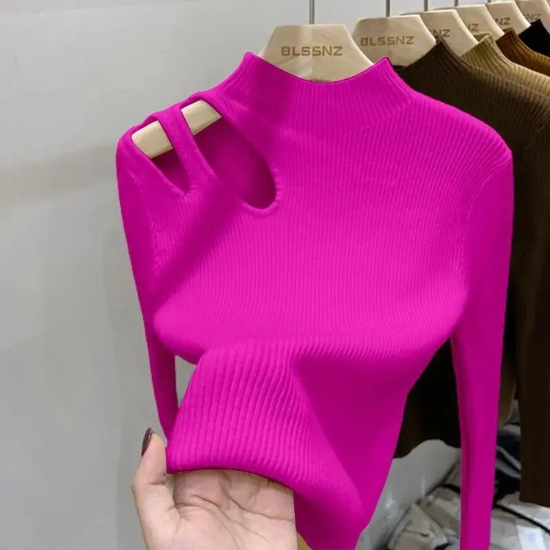 Hollow-out Turtleneck Knitted Women Sweater Ribbed Pullovers Autumn Winter Basic Women Sweaters Fit Soft Warm Tops - Matrix Studios