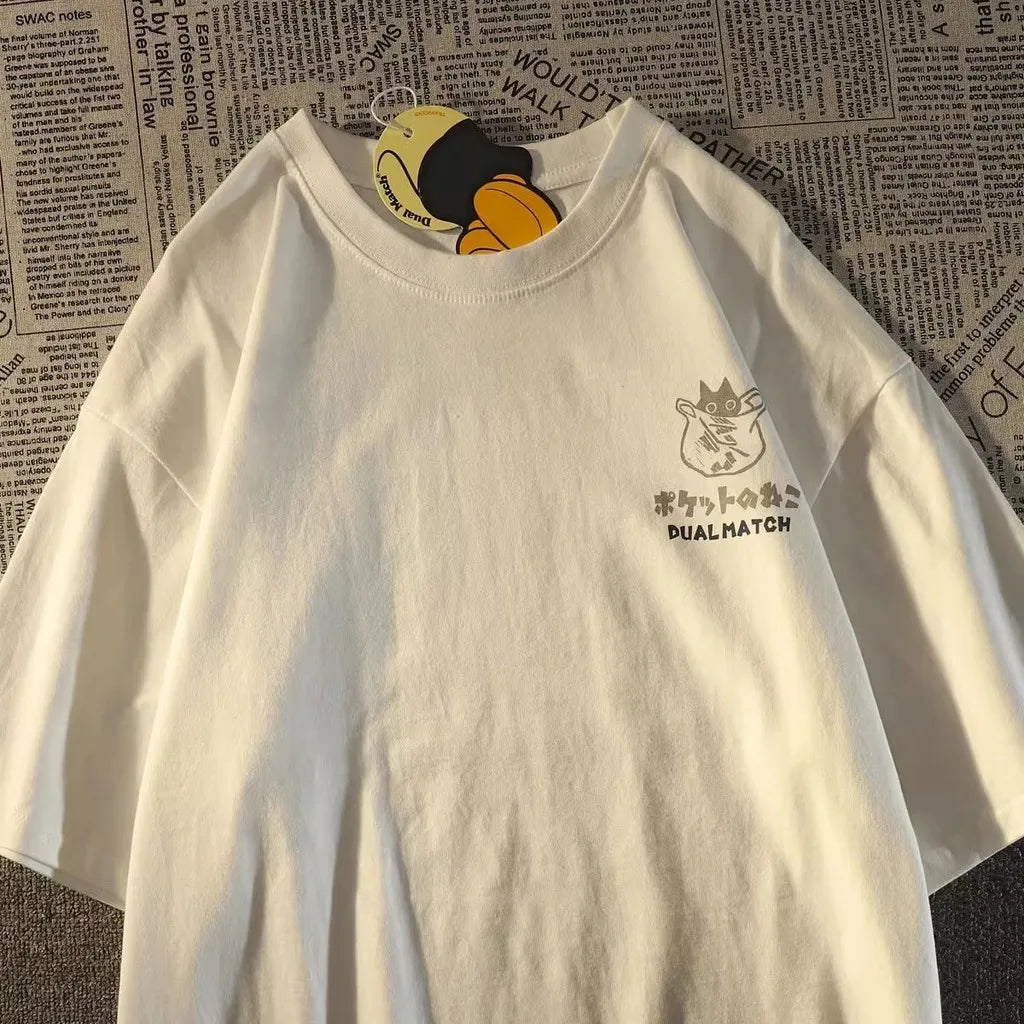 Summer Japanese Retro Pocket Cat Cartoon Printed Short Sleeve T-shirt Male Female Couples Unisex College Style Oversized Top - Matrix-studios.com