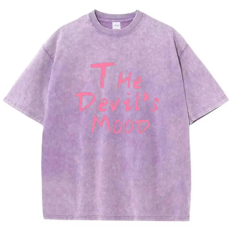 Fashion Womans Cotton Washed T-shirts The Devil's Moon Letter Prints Tops Casual O-Neck Oversize Tees Street Female Clothes - Matrix-studios.com