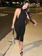 Dulzura Women'S Halter Sleeveless Backless Ribbed Single Breasted Jumpsuit Solid Sexy Casual Romper Party Club Street Clothes - Matrix Studios
