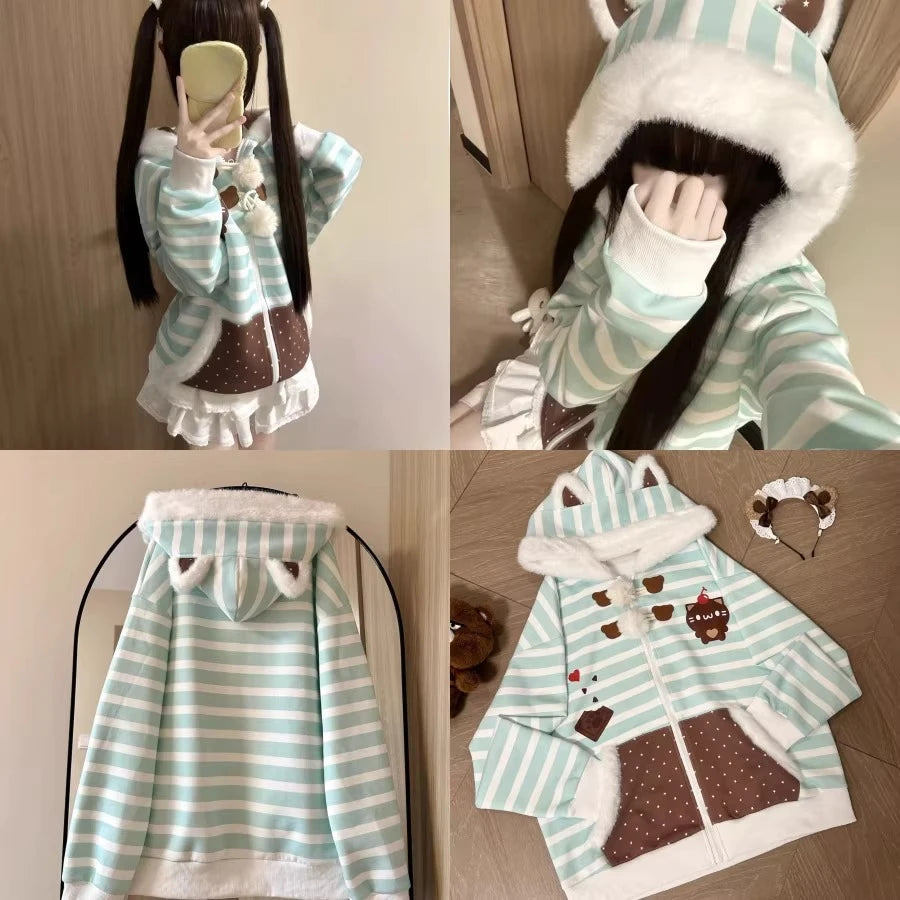 Vintage Kawaii Long Sleeve Loose Coat with Hooded Women Japanese Cute Zipper Sweatshirts Female Casual Y2k Jacket Overcoat Chic - Matrix Studios