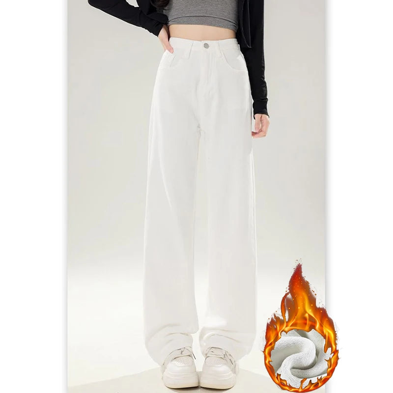 Winter Girls Thermal Fleece High Waist Jeans Lady Snow Warm Plush Denim Pants Women Classic Fashion Straight Leg Trousers - Matrix-studios.com