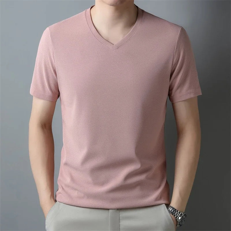 2026 Men's New Waffle V Neck Short Sleeved T-shirt Summer Comfortable Top - Matrix Studios