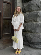 Bornladies 2025 Summer Women's 100% Cotton V-Neck Lace-Up Bubble Sleeve Shirt  Long Skirt Set Loose Casual Two-Piece Suit - Matrix-studios.com