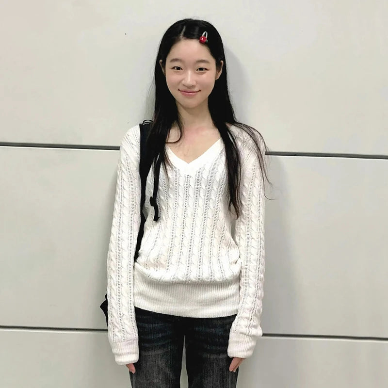 Karrram Japanese Y2k V-neck White Sweater Vintage Harajuku Knit Slim Pullover Korean Style Fall Winter Knitwear 2000s Aesthetics - Matrix Studios