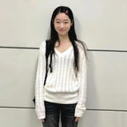 Karrram Japanese Y2k V-neck White Sweater Vintage Harajuku Knit Slim Pullover Korean Style Fall Winter Knitwear 2000s Aesthetics - Matrix Studios