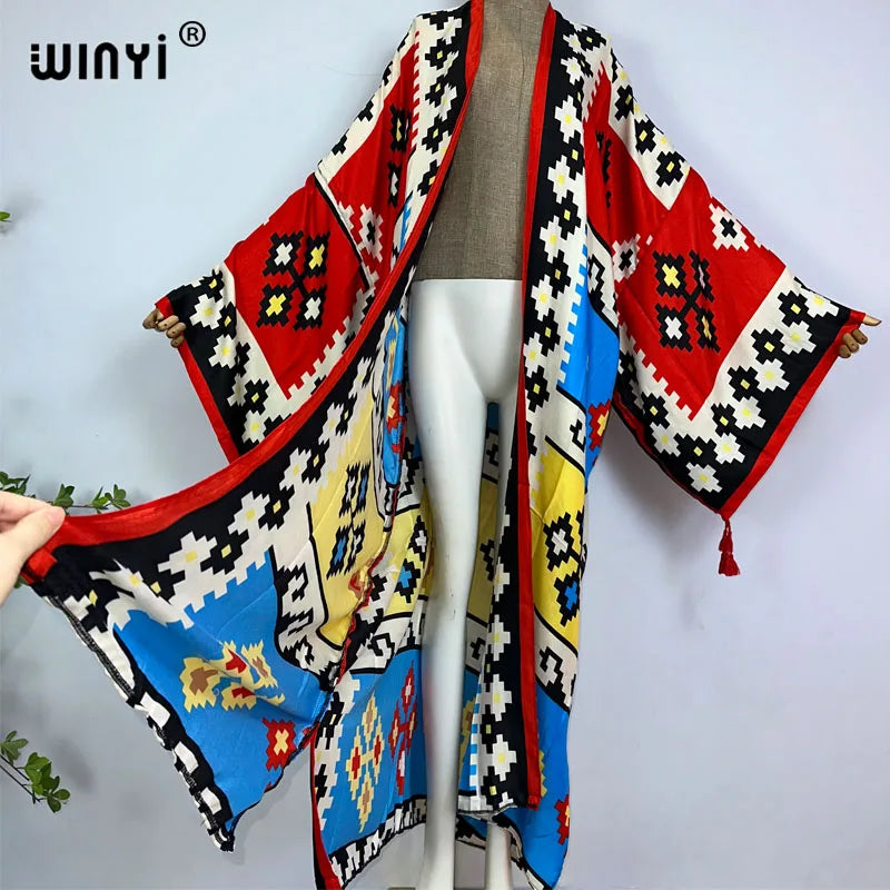 2023 WINYI New Cotton Feeling Bikini Cover-ups Bohemian Print Front Open Long Kimono Kaftan Beach Cover Ups for Swimwear Dresses - Matrix Studios