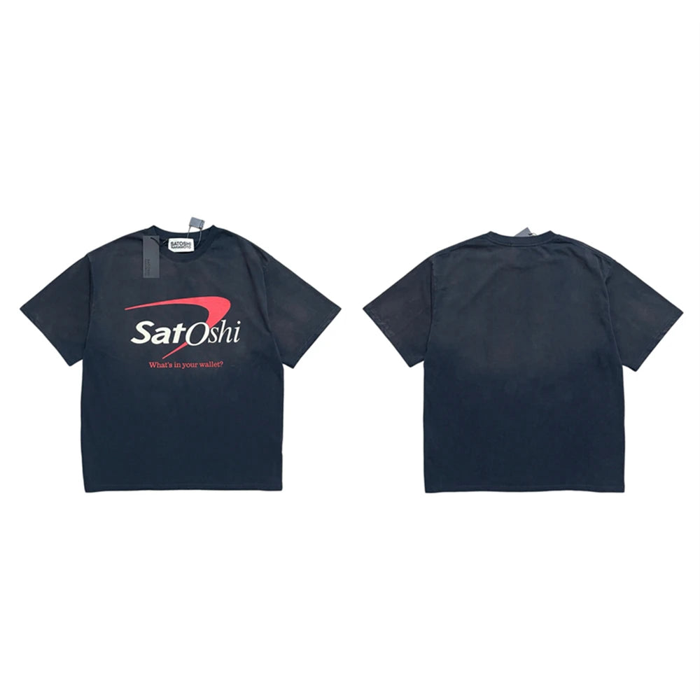 Summer Satoshi SS26 American Vintage Letter Printed Fashion Round Neck Washed Short Sleeve High Street Loose Oversize T-shirt - Matrix-studios.com