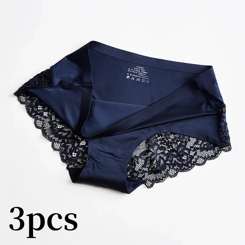 3pcs Lace Women's Panties French Seamless Underwear Female Ice Silk Briefs Solid Color Breathable Underpants Lingerie - Matrix Studios