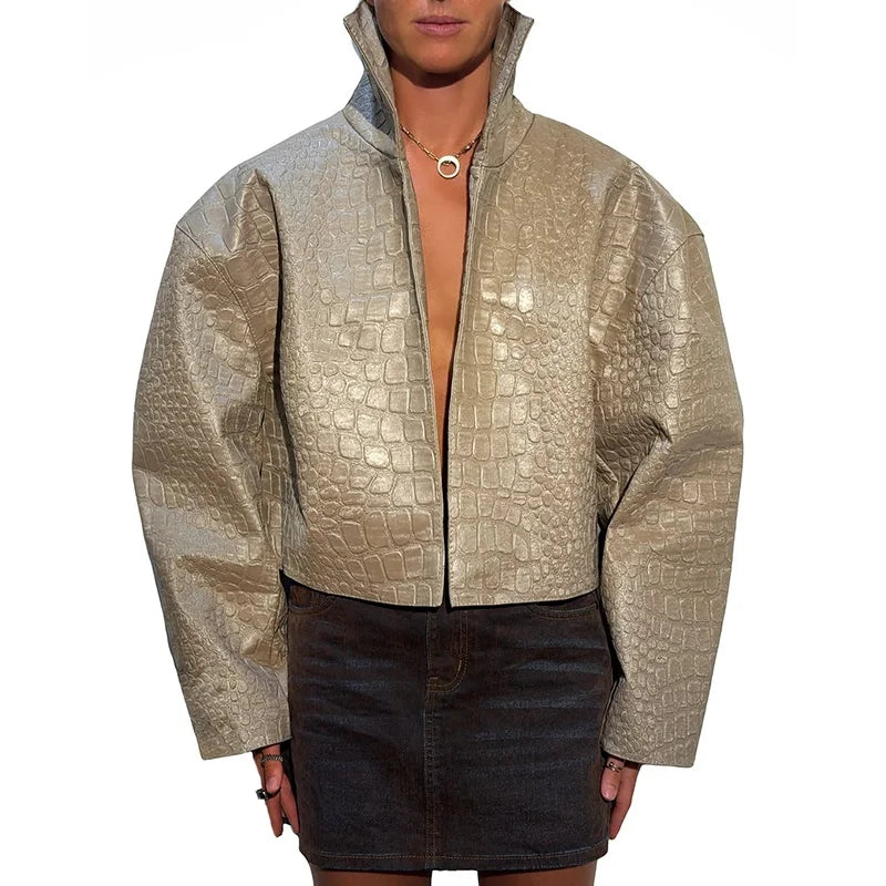 Women Cropped PU Leather Jacket Stand Collar Wide Flare Sleeve Asymmetrical Wrap Open Front Coat 2026 Autumn Chic Loose Jackets - Matrix Studios