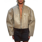 Women Cropped PU Leather Jacket Stand Collar Wide Flare Sleeve Asymmetrical Wrap Open Front Coat 2026 Autumn Chic Loose Jackets - Matrix Studios