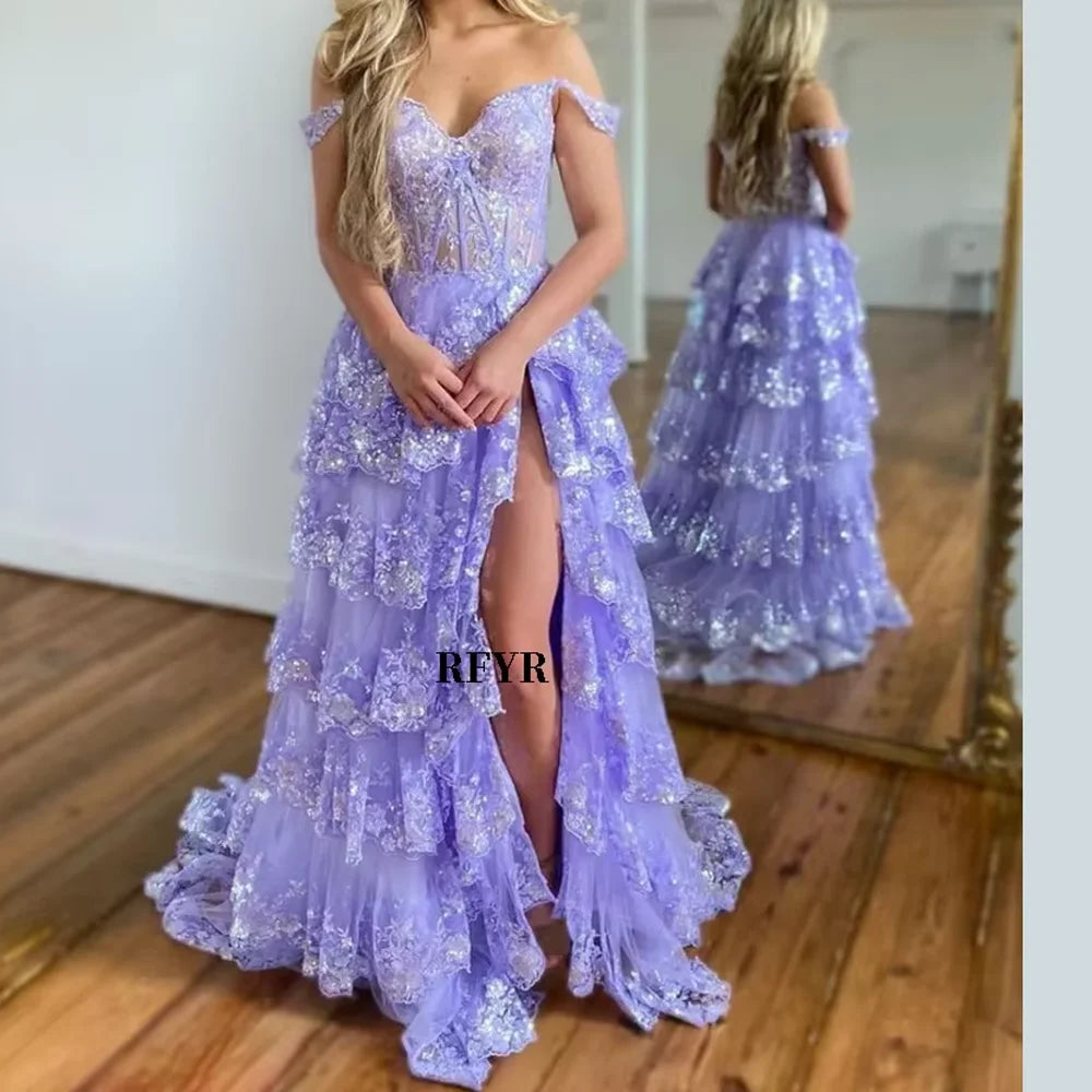 RFYR Puffy Evening Dress Off Shoulder Party Dresses Sweetheart Layered Prom Dress Appliques Evening Dress for Women Customized - Matrix Studios