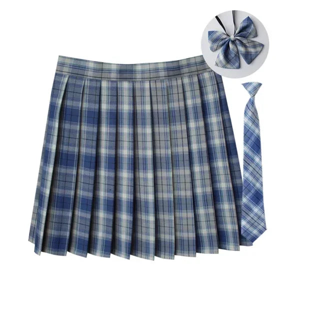 Women Summer Plaid Pleated Skirt With Necktie Bowtie Korean Jk Skirt Uniform Japanese School Preppy A Line Mini Skirts - Matrix-studios.com