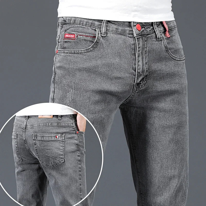 2024 New Men's Cotton Business Casual Skinny Jeans Trendy Fashionable Stretch Straight Slim Denim Trousers Male Blue Grey - Matrix Studios