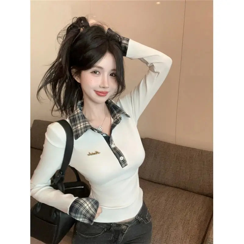 Preppy Polo Neck Plaid Long Sleeve Layered T Shirt Women Fake Two-piece Basic Top V Neck Button Blouses Tees Embroidery - Matrix-studios.com