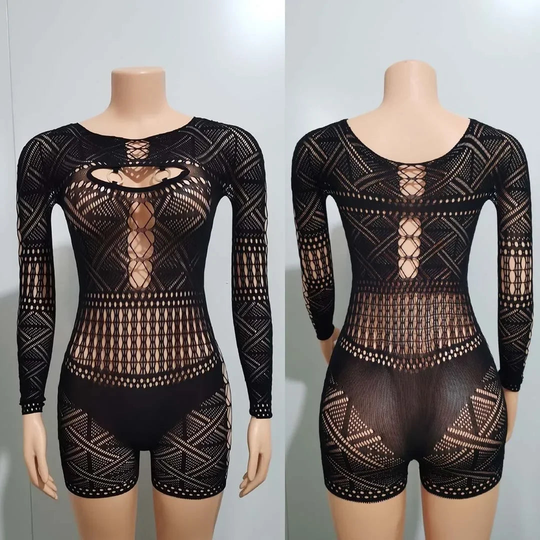Women's Sexy Long Sleeve Jumpsuit See Through Outfit Sheer Mesh Hollow Out Night Club Short Romper - Matrix Studios
